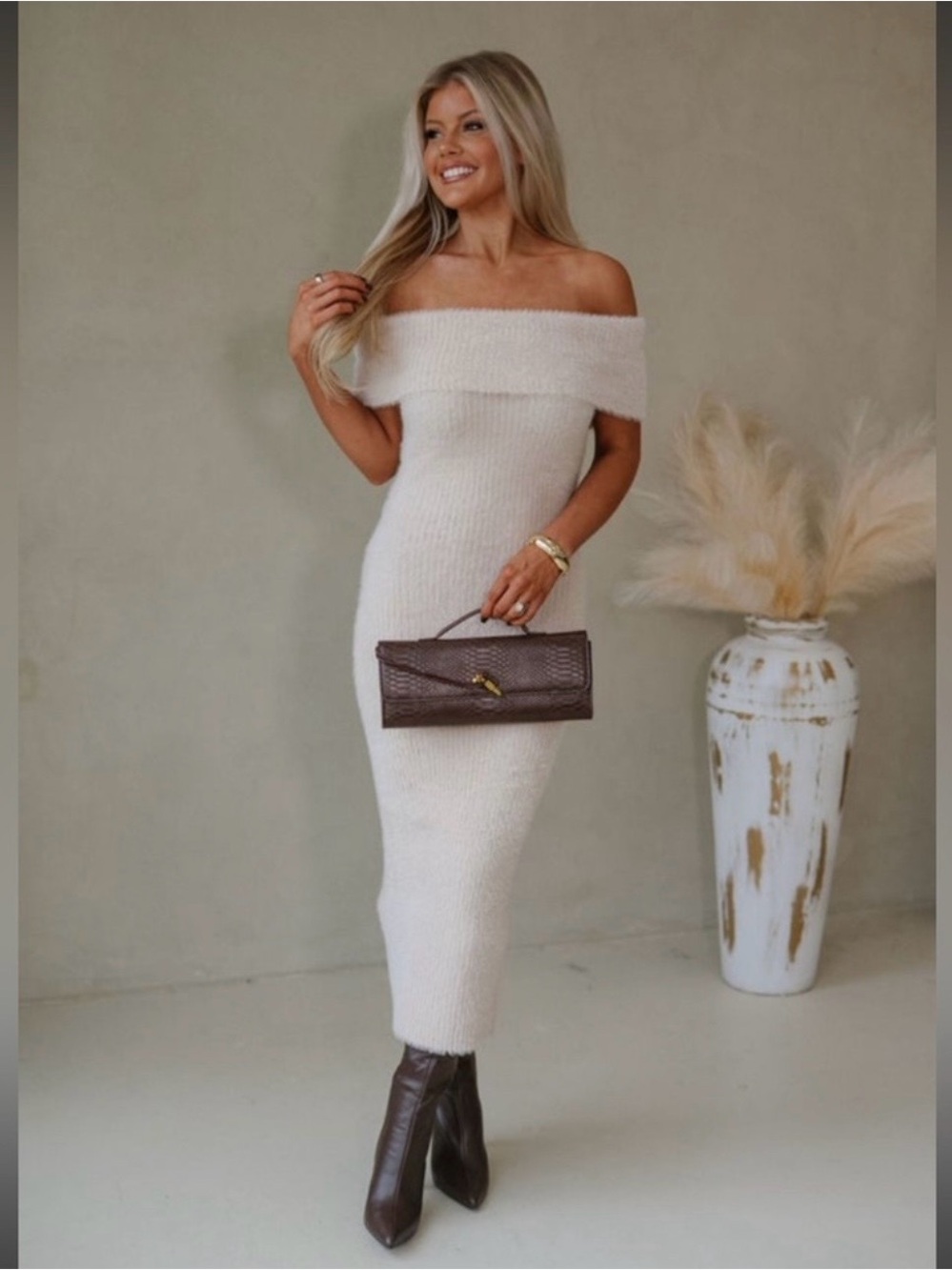 These Three Boutique Off-Shoulder Knit Midi Dress in Cream